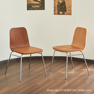 Dining Chair Solid Wood <b>Backrest</b> Brown Leather Seat Metal Legs Modern Design For Home Living Room Use - Product Image 4