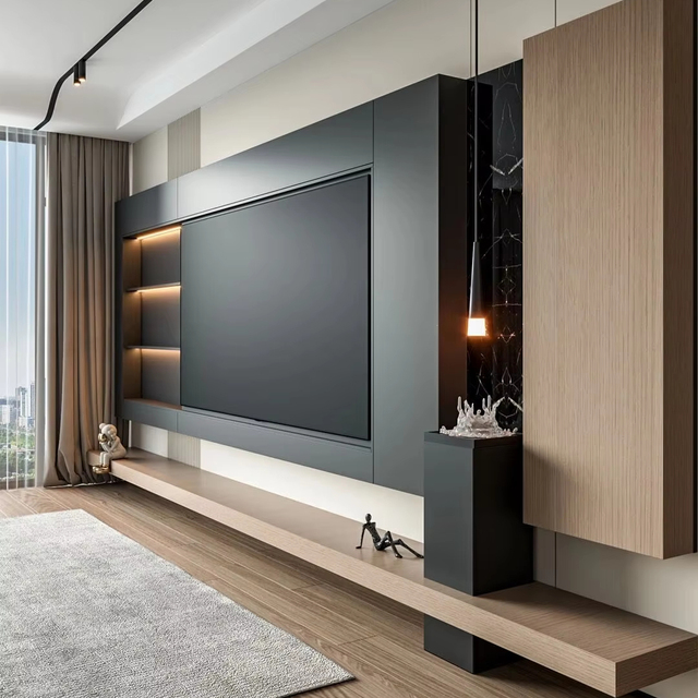 Factory Direct Modern European TV Cabinet, Custom Wall Unit with Lift Mechanism and Hidden Storage Space Saving Design