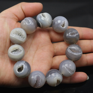 Grey Onyx Agat Extra <strong>Large</strong> Druzy Quartz Laughing <strong>Bracelet</strong>, Natural Stretch Bangle, Round <strong>Beads</strong>, Veins Stone, Men Gift, 12-20mm - Product Image 5