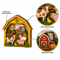 Diorama de grange agricole Shadowbox |   Scène de vaches, cochons, moutons et chevaux découpée au laser en contreplaqué de peuplier multicouche |   Silo de grange rouge |   Vente en gros OEM