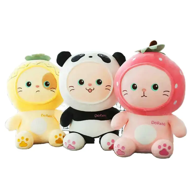 Hot Selling Plush Custom Colorful Cheshire Cartoon Cat Soft Toy Peach Cat Plush Toy Panda Strawberry Dinosaur Cat Plush Doll