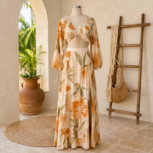 Robe longue formelle bohème pour femme, coupe trapèze |   Robe d'été à manches longues, col en V profond, imprimée, pour les vacances à la plage - Product Image 1