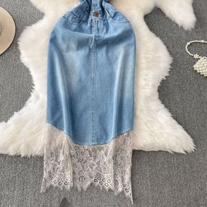 Vestidos de mezclilla sin mangas con cuello en V y encaje vintage para mujer, a la moda - Product Image 6