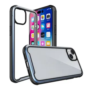 Wholesale For iPhone 15 14 Pro Max aluminum bumper HD transparent back cover luxury shockproof mobile phone case