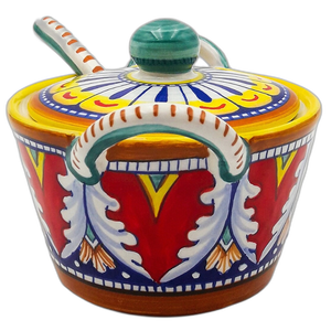 Cuenco para queso, azucarero con tapa y cuchara <span class=keywords><strong>de</strong></span> dos asas en cola <span class=keywords><strong>de</strong></span> pavo real <span class=keywords><strong>de</strong></span> lujo geométrica Deruta, cerámica artística pintada a mano - Product Image 3