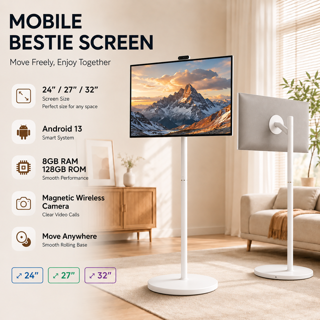 27 Inch Smart Portable TV on Wheels Android Touch Screen with Battery Wireless Casting Rotating Stand