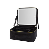 Sac de maquillage de voyage portable avec miroir LED rechargeable, séparateurs réglables, étui cosmétique en cuir PU, organiseur