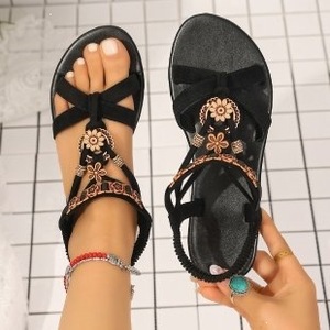 Women Bohemian Metal Flower Decor Flat <b>Sandals</b> <b>Elastic</b> Ankle Strap Open Toe Summer Beach Ladies Shoes - Product Image 4