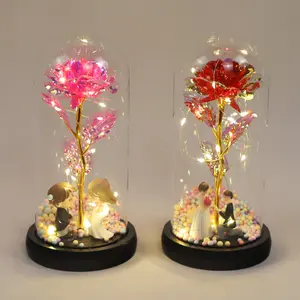 Rosa romântica para presente de aniversário dos namorados, galáxia de natal, flores iluminadas em cúpula de vidro, cúpula de vidro rosa