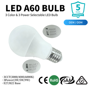 Bombilla LED A60 SAA CE 3CCT con 3 Potencias Seleccionables (3W, 5W, 9W), E27 B22, Iluminación Inteligente, Venta Directa <span class=keywords><strong>de</strong></span> Fábrica, OEM ODM, Europa, Australia - Product Image 1