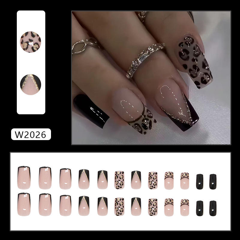24pcs Dark Leopard Print with Subtle Shimmer Square False Nails Style Press-on Stick-on Nails for Artificial Fingernails