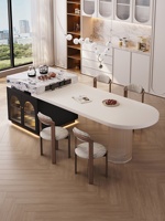 Ensemble îlot de cuisine et table à manger incurvée en pierre frittée style français, noir et blanc, rétractable pour salle à manger et salon