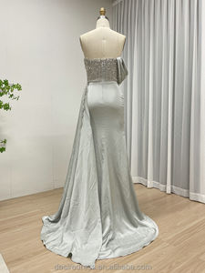 Vestidos de fiesta de satén gris y azul para mujer, vestidos de graduación de sirena con cuentas sin tirantes elegantes, vestidos de noche sexis con abertura alta, vestidos de noche para mujer, 2017 - Product Image 6