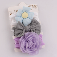 Lot de 3 bandeaux pour bébé en nylon style européen avec nœuds en mousseline et fleurs roses, sur carte de présentation, pour nouveau-nés et nourrissons filles, côtelés, vente en gros