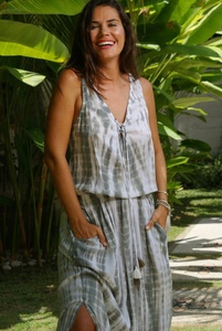 Increíble playa Grey de tinte de corbata suelta ajuste borla de Boho Maxi vestido con cintura elástica y V escote cadena para reforzar - Product Image 6