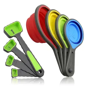 Juego de tazas y cucharas medidoras de silicona coloridas plegables portátiles de 8 piezas sin BPA para medición líquida y seca