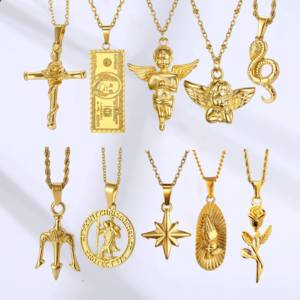 Vente en gros Collier religieux pour hommes en acier inoxydable plaqué or 18 ct vintage hip hop, pendentifs boussole fleur d'ange - Product Image 2