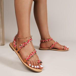 Sandales plates à fleurs appliquées pour femmes, avec anneau d'orteil et bride de cheville, idéales pour l'été, la plage et les vacances, chaussures décontractées pour femmes - Product Image 3