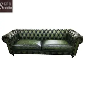 Chesterfield-sofás de cuero verde vintage para sala de estar, sofás de cuero vintage de estilo imperial de midcentury