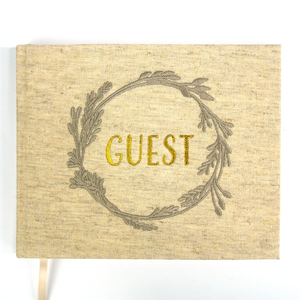 Lujo personalizado oro frustrado cubierta de lino bordado boda <span class=keywords><strong>libro</strong></span> de invitados con caja de papel y pluma - Product Image 1
