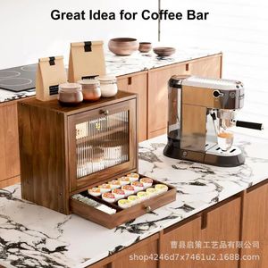 Mueble de madera para guardar cápsulas de café con cajón, organizador de cocina de madera maciza para barra de café - Product Image 1