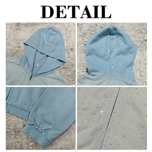Sudadera con capucha unisex azul claro con cremallera y pedrería de cristal, OEM, de lujo, brillante, estilo urbano, con efecto descolorido por el sol, 100% algodón - Product Image 4