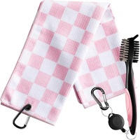 Kit d'accessoires de golf pour femmes, serviette gaufrée en microfibre rose à carreaux, brosse de nettoyage pour rainures de clubs, coffret cadeau
