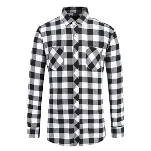 Moda erkek flanel siyah beyaz kontrol kalın malzeme lumberjack gömlek