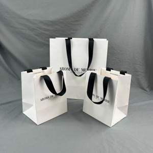 Custom White Paper Shopping Bags with <b>Black</b> Logo Print - Luxury Matte Paper Bags with <b>Black</b> Ribbon Handles for Party - Product Image 1