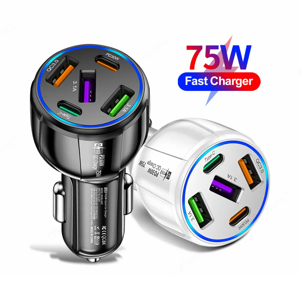 המוכר העליון 5 יציאות 75w מטען USB מטען מכונית מטען מהיר טעינה pd qc3.0 טלפון מתאם המכונית עבור iphone xiaomi huawei