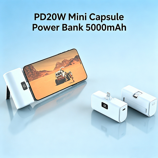 20W PD Fast Charging Mini Capsule Power Bank 5000mAh Portable Charger with Built-in USB-C Connector