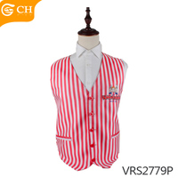 Pemasok OEM ODM setelan pelayan rompi murah merah putih bergaris rompi seragam bordir Logo kustom Satin poliester rompi pria