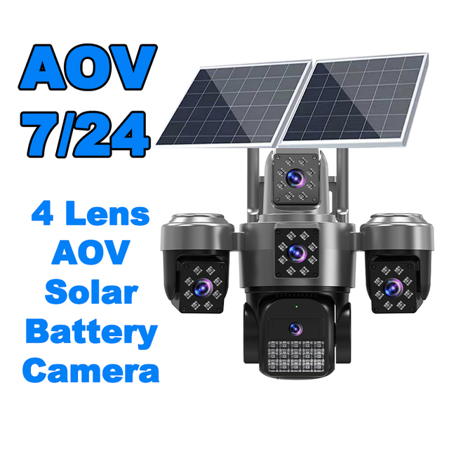 PIX-LINK New 8MP 4 Lens PTZ Solar 4G Sim Outdoor CCTV Camera with 4 View Night Vision 2 Way Audio AOV Solar Battery Camera