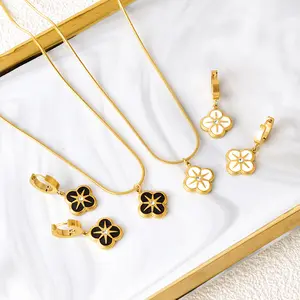 Clover empat daun semanggi set perhiasan bintang zirkon hitam Enamel baja tahan karat mode perhiasan kalung untuk wanita