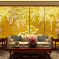 Papier peint de luxe haut de gamme en feuille d'or, décoration murale chinoiserie peinte à la main, motif oiseaux et fleurs dorés pour salon de luxe