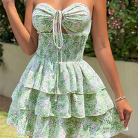 Mode taille à volants robe de soirée plissée élégante robe de gâteau imprimé fleuri dame Sexy licou dos nu robe courte à volants