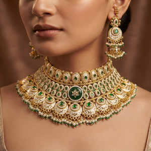 Traditional Imitation Antique Copper Plated Vintage Choker Necklace <b>Set</b> with Emerald Green Gemstones Tikka for Women Wedding - Product Image 4