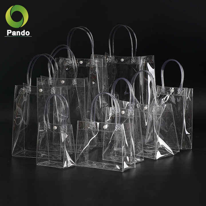 Emballage cadeau en PVC à poignée transparente transparente bon marché Sacs à provisions en plastique personnalisés avec logos