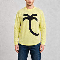 Kaos Rajut O-neck Sablon Sutra Katun Slub Kustom Warna Kuning Musim Gugur, Kaos Rajut Kasual Ringan Tanpa Lapisan