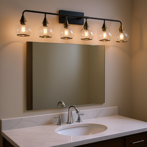 Modern 6-Light Industrial Iron Wall Mounted <b>Bathroom</b> Vanity Light Fixture Clear Glass <b>Shades</b> Black Gold Finish - Product Image 2