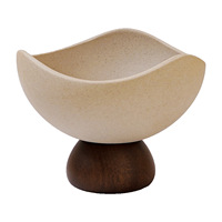 Bol à noix à bord ondulé en grès avec piétement en bois, plat à collation sur pied, tasse à dessert pour table à thé, ensemble de bols de service Japandi Wabi Sabi