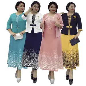 Hot Latest Design Round Neck Slim Printed Ladies Formal Dresses Africa Women Career Dresses Office Coat Two Piece Dress Set