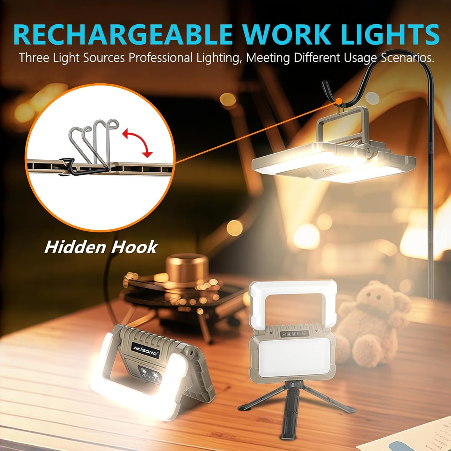 Rechargeable Foldable Work Light 1000LM 4800mAh Battery Portable Stand Light Type C IPX4 for Car Repair Workshop Inspection