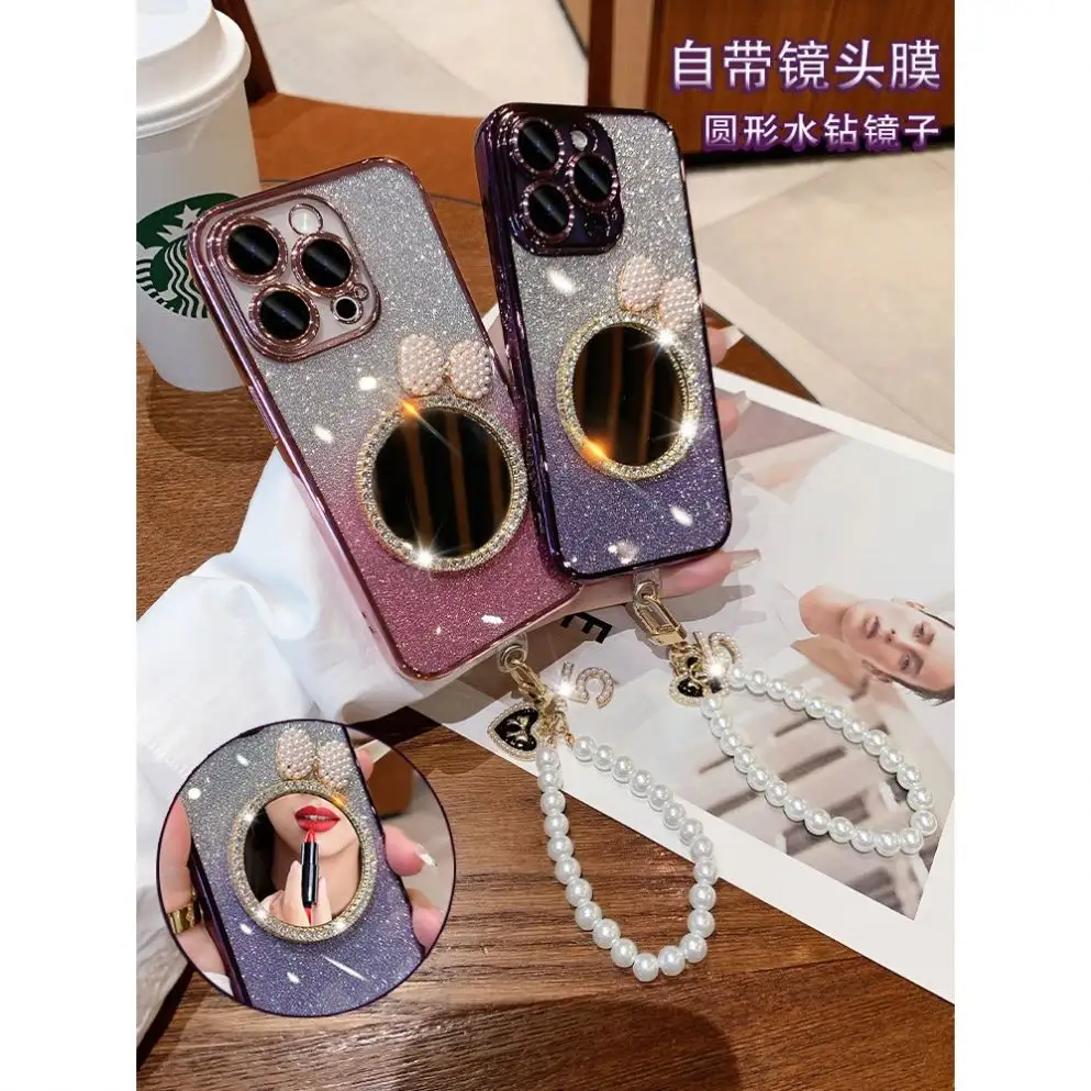 Với Chuỗi Long Lanh Bling Make up Điện Thoại Di Động Trường Hợp Bìa Đẹp Ins Phong Cách Cho Iphone 15 14 13 12 Pro Max Shining Gương Điện Thoại Trường Hợp