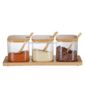 Recipiente de vidro para condimentos, 3 peças, armazenamento de temperos, jarra quadrada de vidro com colher de bambu - Product Image 1
