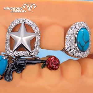 Grillz personnalisé haut et bas 6 8 en argent, turquoise, or rose, Moissanite VVS, plaqué or 14K, style Hiphop, serti, bijoux fins unisexe - Product Image 4
