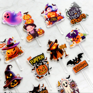Décoration de gâteau et de cupcake d'Halloween, accessoire enfichable durable en plastique, motifs fantôme, citrouille, sorcière, pour fête, vente en gros - Product Image 1