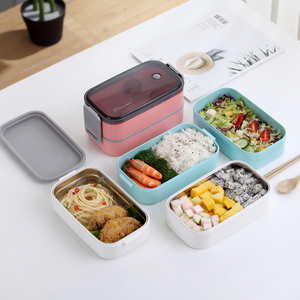 Contenedor de almacenamiento de alimentos de 2 compartimentos, caja Bento portátil de acero inoxidable, PP, fiambrera térmica aislada en capas para niños a prueba de fugas - Product Image 3
