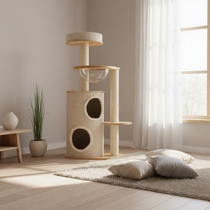 Arbre à <span class=keywords><strong>chat</strong></span> de style baril moderne YOUME avec plateforme multi-niveaux, fibres de sisal naturelles, base en bois massif, certifié ISO et BSCI - Product Image 1