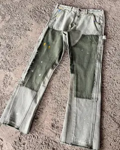 Customization Wholesale Distressed Hem Flare Carpenter Denim Jeans Pants High Quality Vintage Color Panel Men's Stacked Jeans